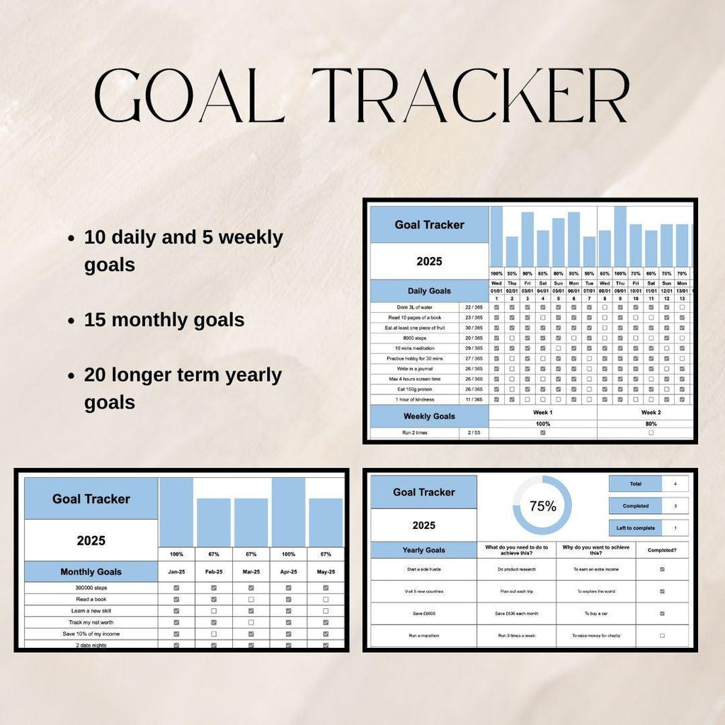 Blue Fitness and Life Goals Spreadsheet Bundle | Google Sheets Spreadsheet