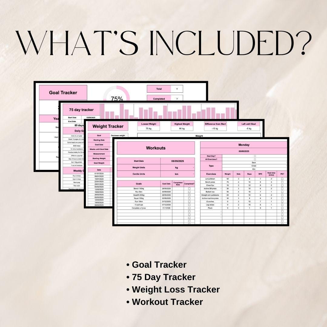 Pink Fitness and Life Goals Spreadsheet Bundle | Google Sheets Spreadsheet