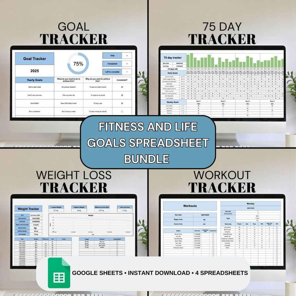Blue Fitness and Life Goals Spreadsheet Bundle | Google Sheets Spreadsheet