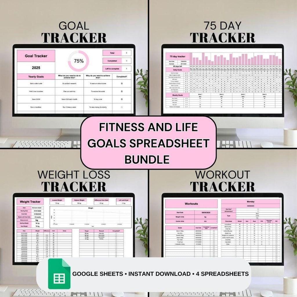 Pink Fitness and Life Goals Spreadsheet Bundle | Google Sheets Spreadsheet