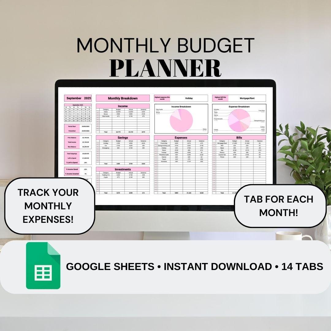 Pink Monthly Budget Planner | Google Sheets Spreadsheet