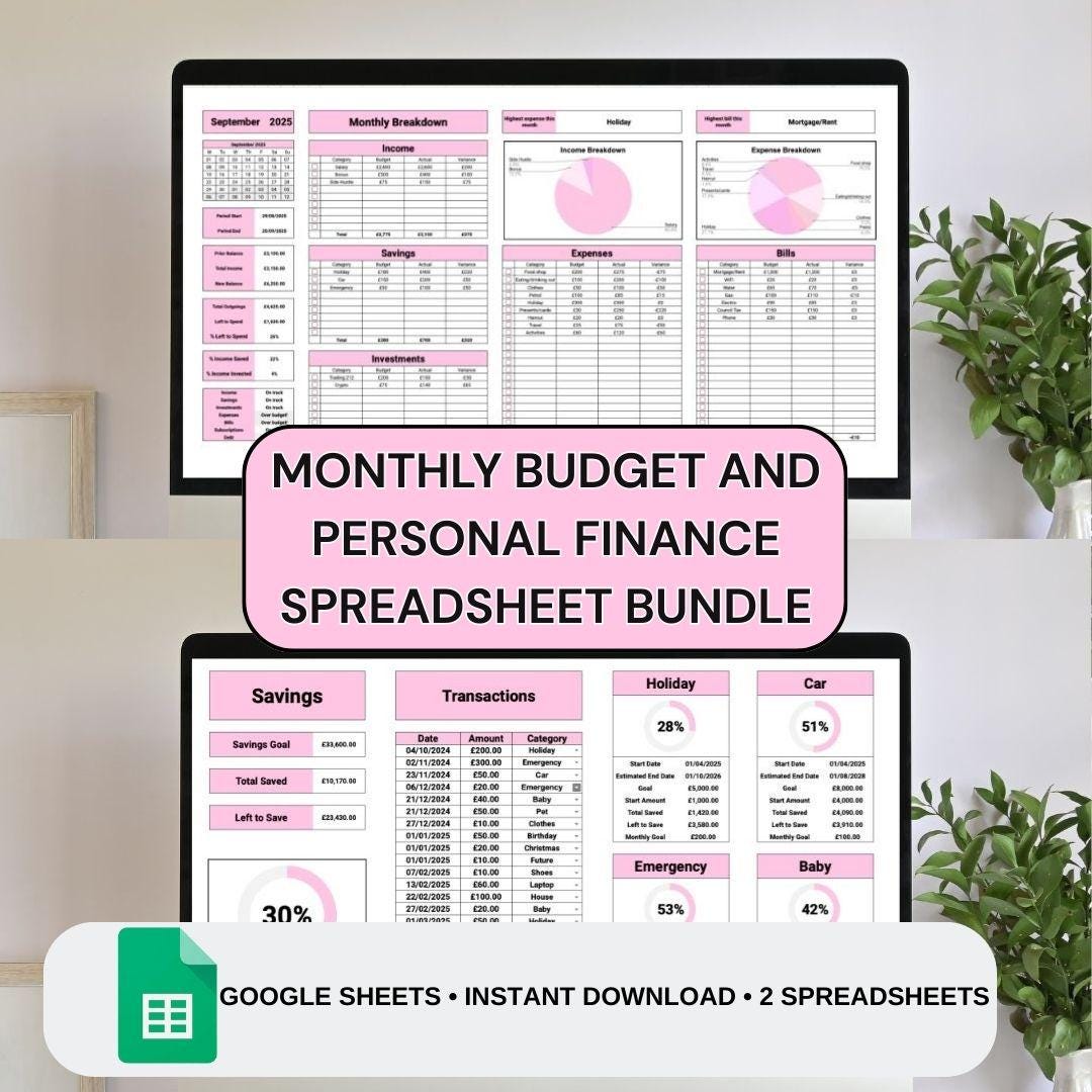 Pink Monthly Budget & Personal Finance Tracker Bundle | Google Sheets Spreadsheet