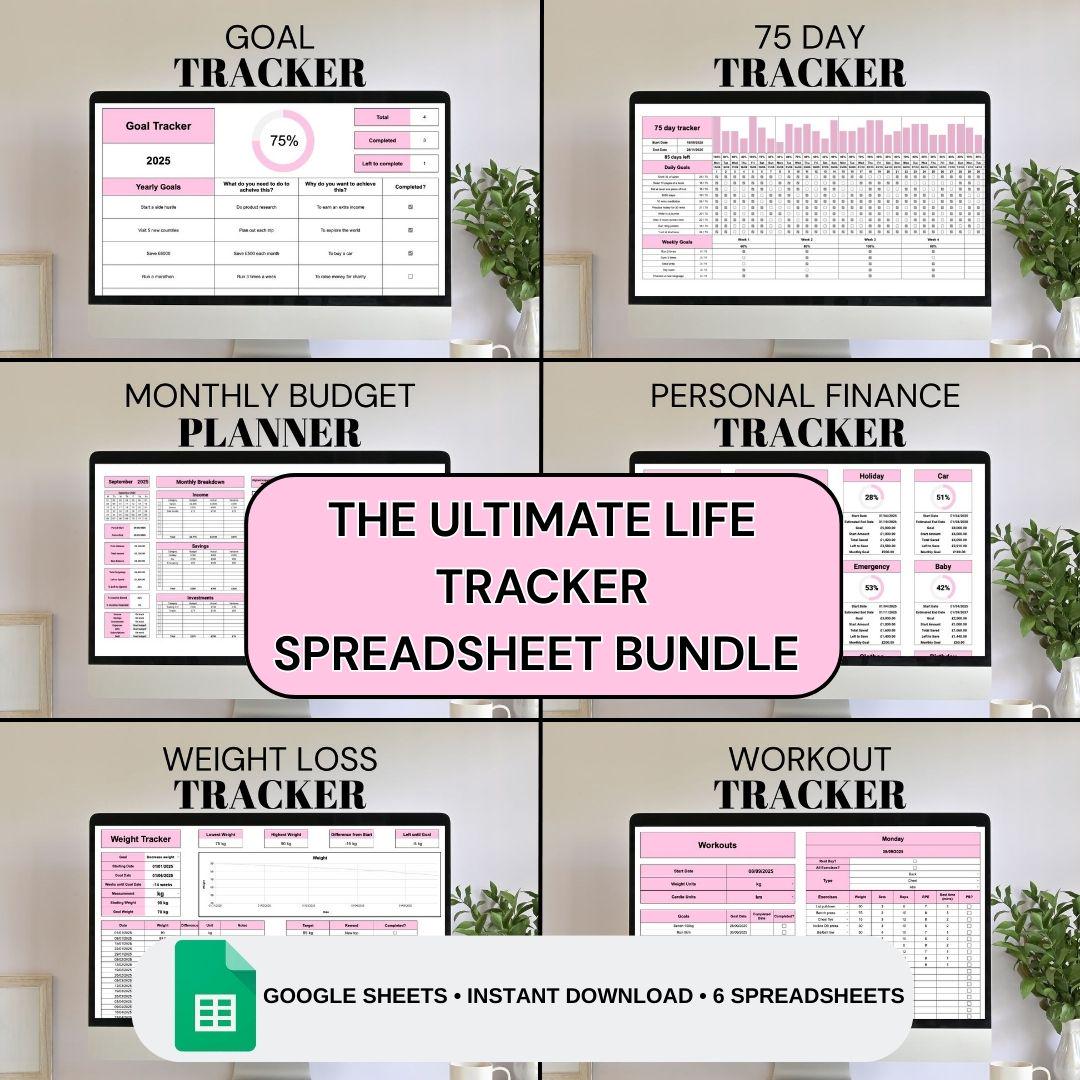 The Ultimate Pink Life Tracker Spreadsheet Bundle | Google Sheets Spreadsheet