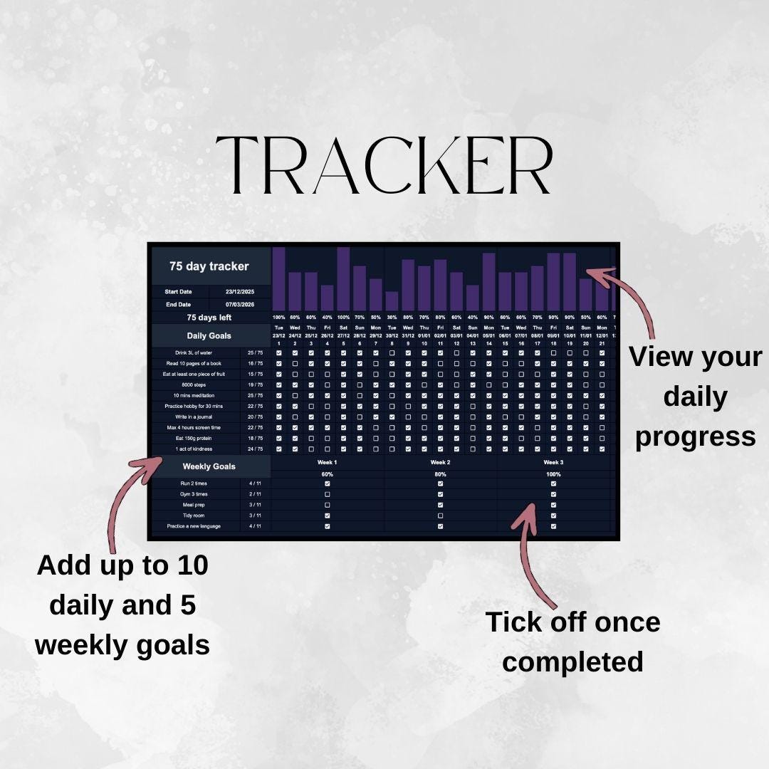 75 Day Tracker Dark Theme | Google Sheets Spreadsheet
