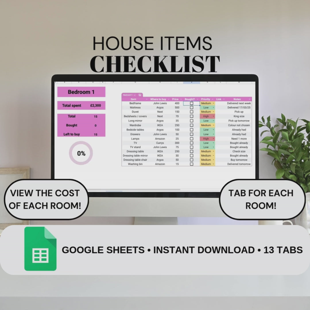 Pink House Item Checklist | Google Sheets Spreadsheet