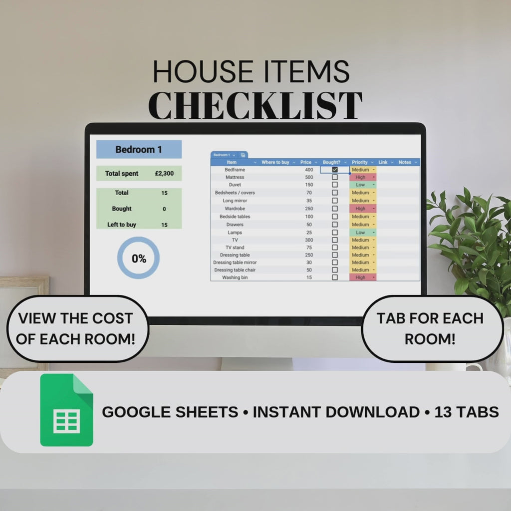 House Item Checklist | Google Sheets Spreadsheet