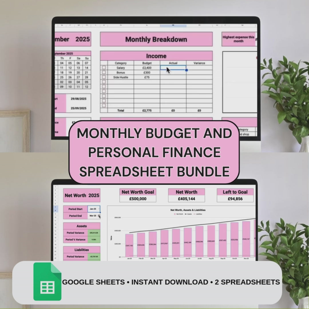 Pink Monthly Budget & Personal Finance Tracker Bundle | Google Sheets Spreadsheet