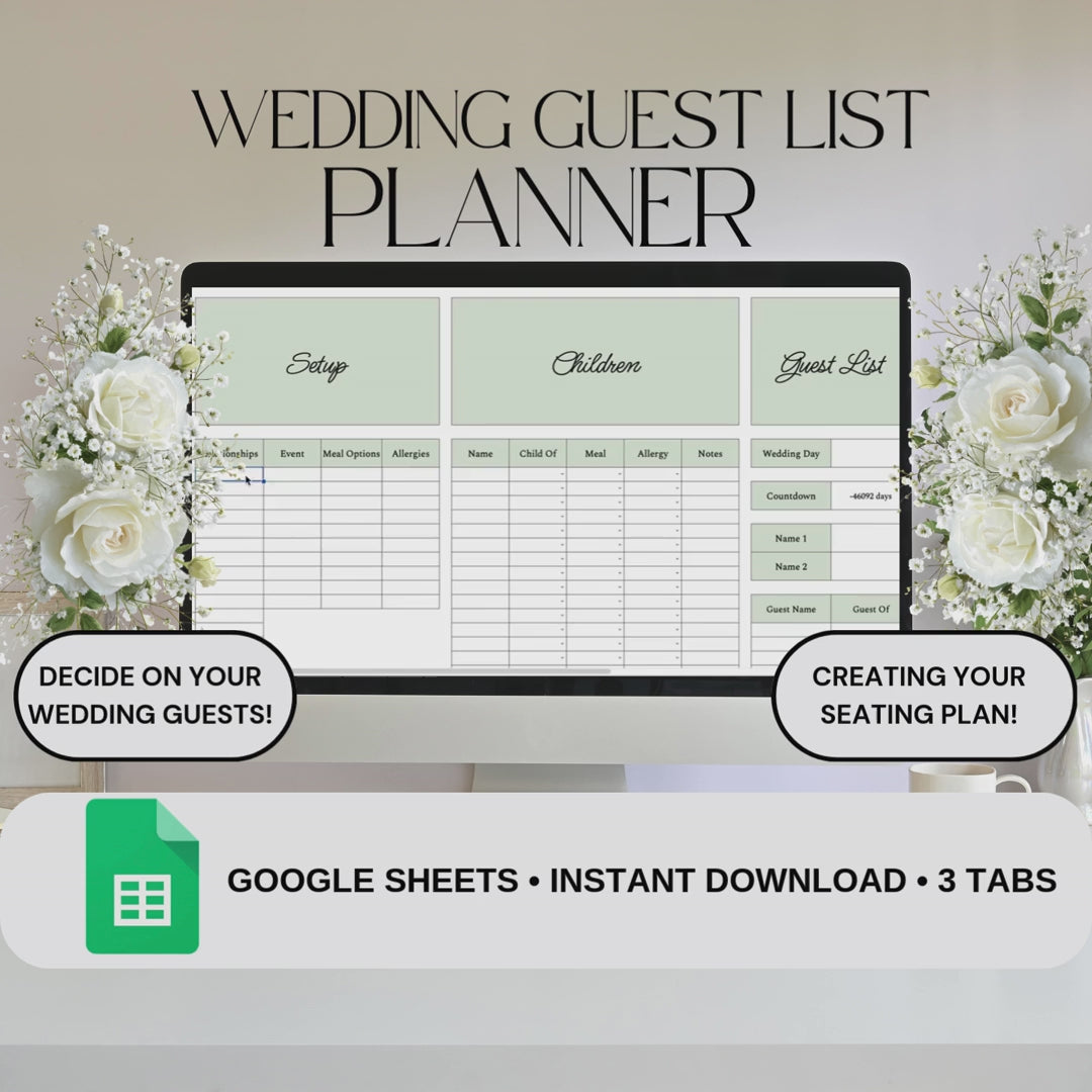 Green Wedding Guest List Planner & Seating Plan | Google Sheets Spreadsheet