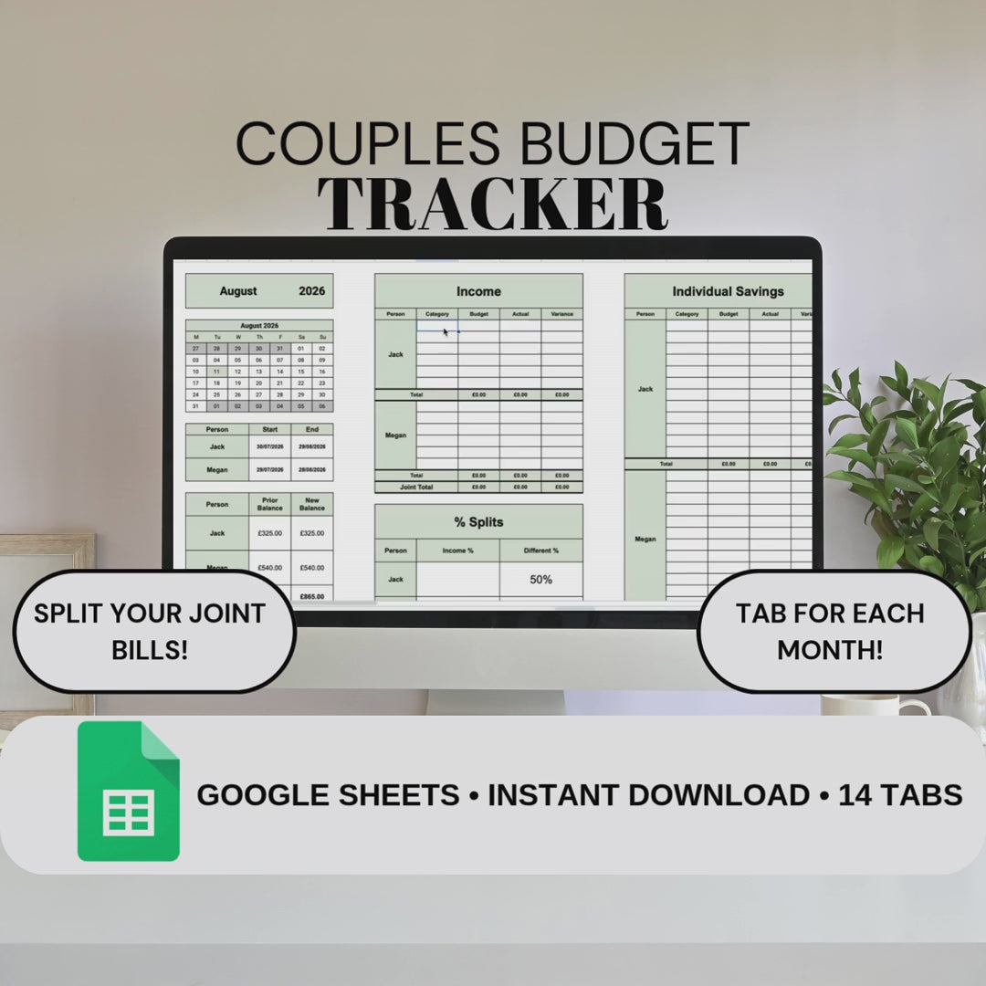 Green Couples Monthly Budget Tracker | Google Sheets Spreadsheet
