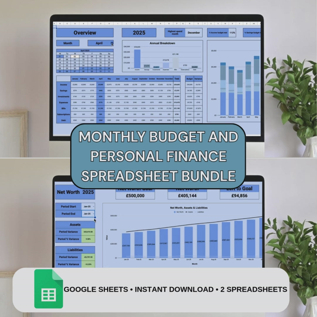 Blue Monthly Budget & Personal Finance Tracker Bundle | Google Sheets Spreadsheet